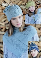 Knitting Patterns - Wendy 5989 - Pixile DK - Neck warmer & lace Panelled Hat, Fairisle Hat, Beret and Fingerless Gloves